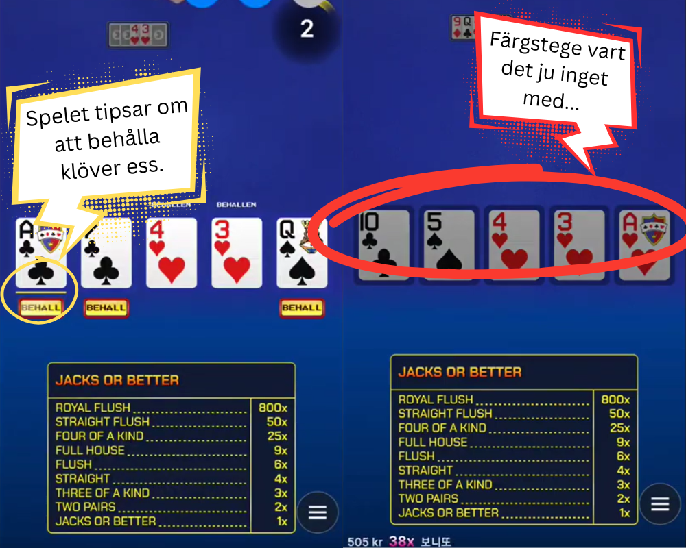 Hur man spelar Video Poker Live - spelet tipsar om vilka händer man ska behålla.